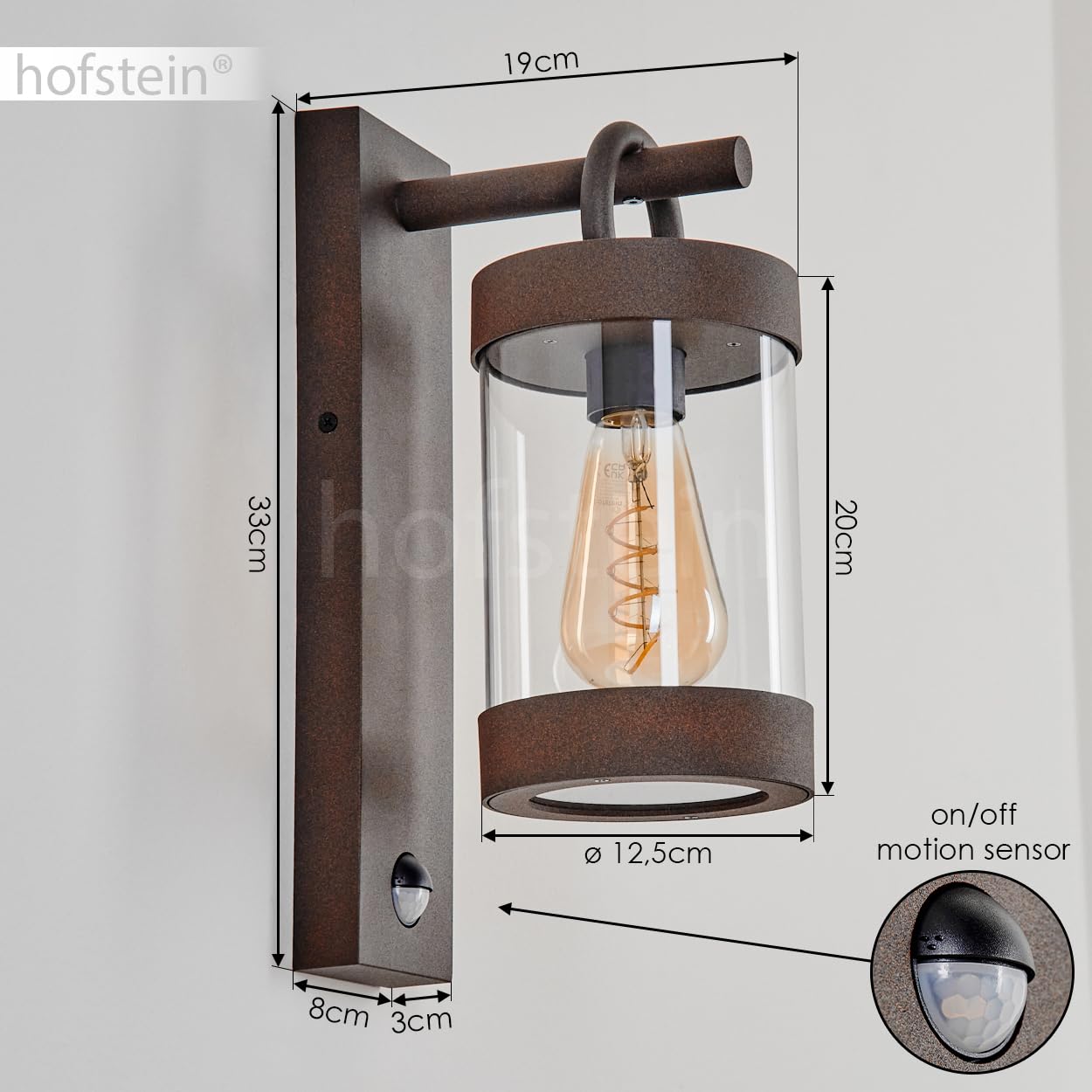 HOFSTEIN Außenwandleuchte Fulham, Außenwandlampe mit Bewegungsmelder aus Metall/Kunststof in Rost/Klar, Wandleuchte außen Down im modernen Design, E27, IP44, Hof, Eingangsbereich, Terrasse, Haustür