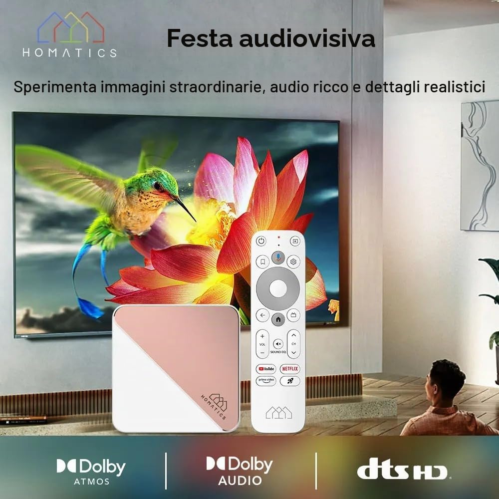 HOMATICS R Box R 4K Plus Android TV 11 Certificato | 4GB LPDDR4 RAM + 32GB eMMC ROM | Amlogic S905X4 Quad-Core | 4K HDR | Wi-Fi 6 | Ethernet Gigabit | G.Ogle TV | Controllo vocale