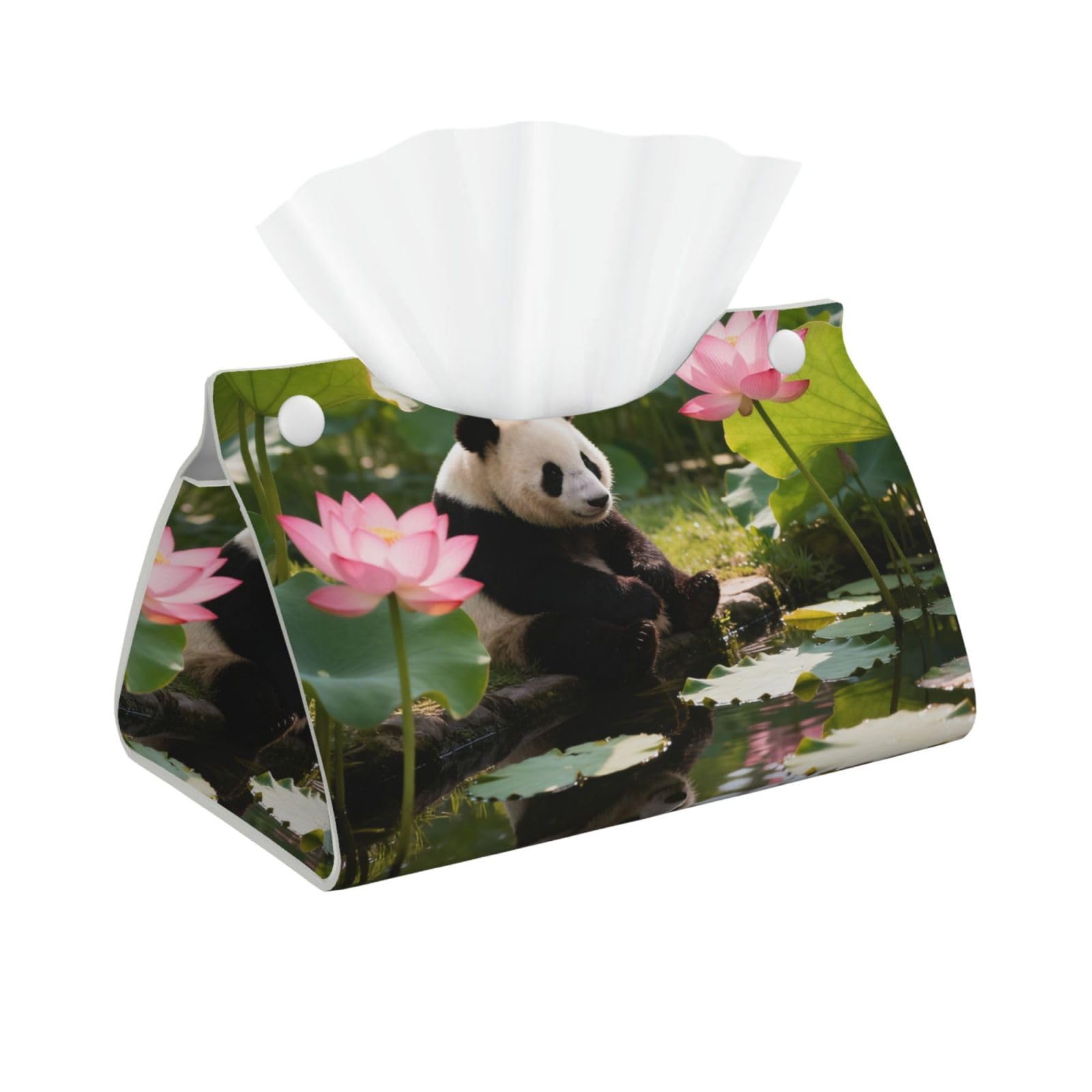 Panda Lotus Pond Long Leather Tissue Box Cover-Waterproof PU Leather Tissue Holder for Bathroom, Decorative Rectangular Tissue Case