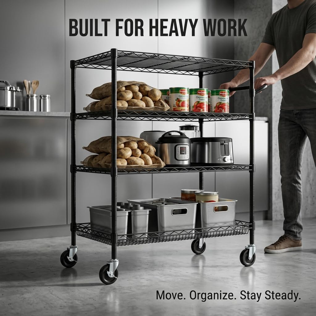 Finnhomy 4 Tier Heavy Duty Commercial Grade Rolling Cart with Handle Bar, Metal Wire Utility Cart with Wheels, Service Trolley on Wheels, Shelf Size 24" D x 36" W, NSF, Black