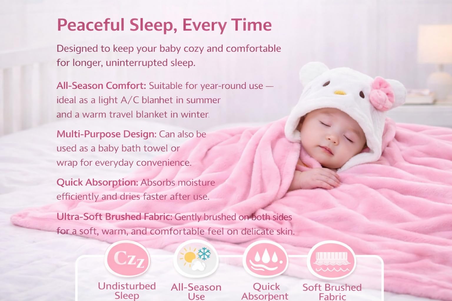 BRANDONN New Born Baby Blanket Pack of Super Soft Bathrobe Wrapper Bath Towel for Boys, Girls, Babies (Pink & White, Length 82 cm x Width 82 cm, 0-12 Months) 1