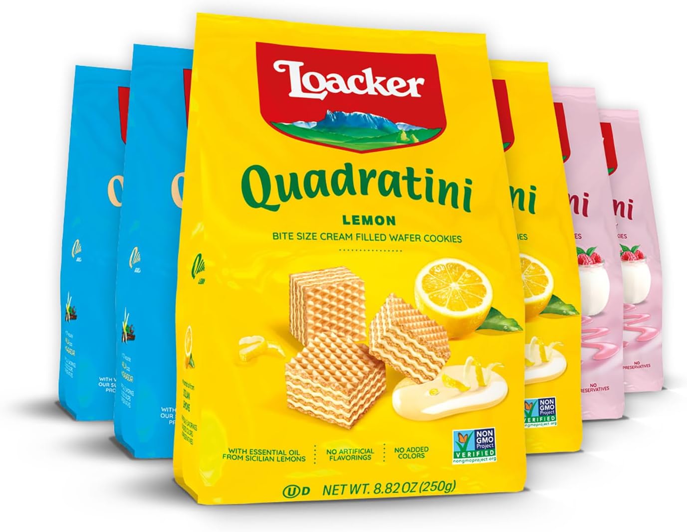 Loacker Quadratini Fruity Variety Pack Wafer Cookies LARGE - Mix of Lemon, Vanilla, and Raspberry Yogurt - Premium Crispy Bite Size Wafers - LARGE Pack of 6