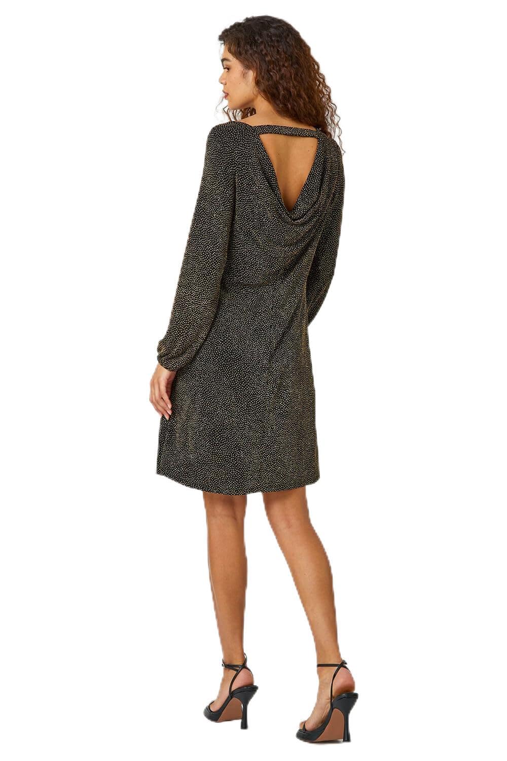 Roman Originals Women's Gold Roman Glitter Cowl Cutout Swing Stretch Dress For Uk - Autumn Everyday Winter Holiday Round Neckline Comfy Long Sleeve Soft Knee Length Frock Dinner Out Gowns - Size 12