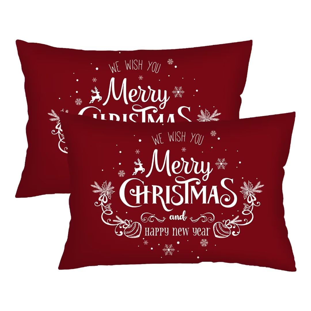 Christmas Throw Pillow Cover Queen Size Set of 2 Xmas Decorations Merry Christmas Lumbar Pillow Case Decorative Soft Standard Pillow Cases with Zipper