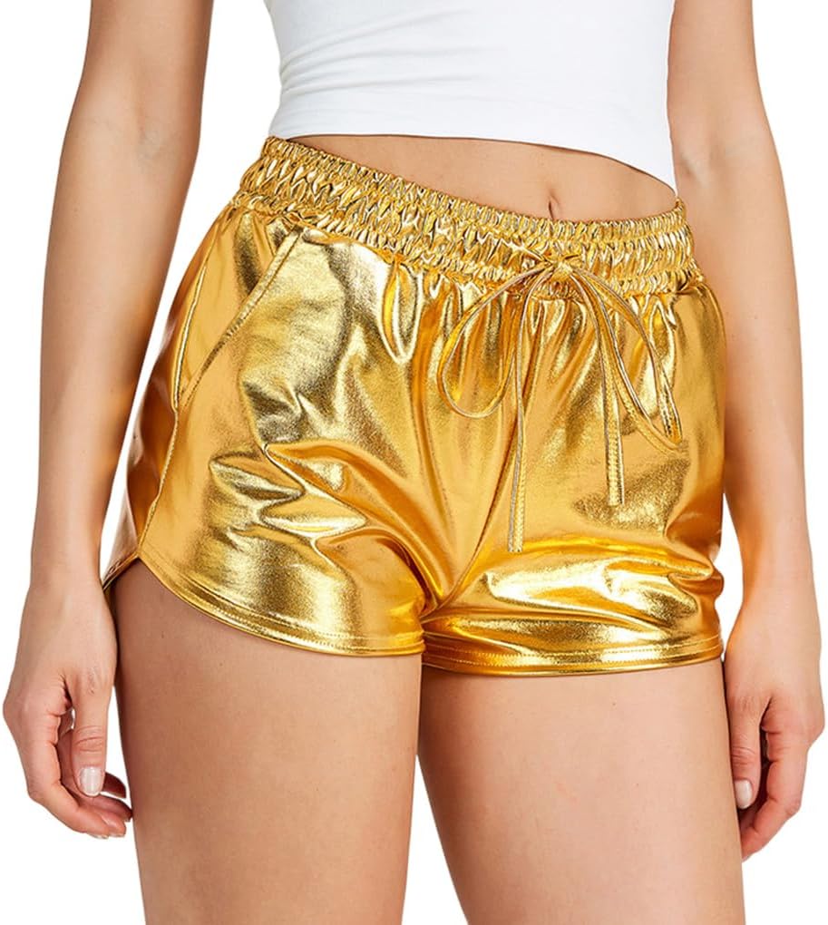 Metallic Shorts for Women with Pockets Shiny Sexy High Waisted Strentch Drawstring Dance Yoga Shorts