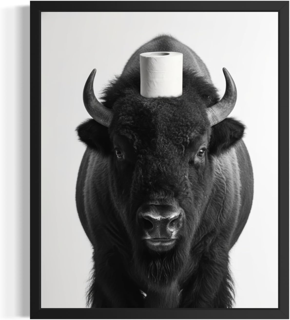 Bison and Toilet Paper Poster Framed Art Print, Animal Funny Humor Restroom Painting Wildlife Bathroom Bath Shower Wall Art Decor Nature A7 (Bison and Toilet Paper, 24" L x 18" W, Black Frame)