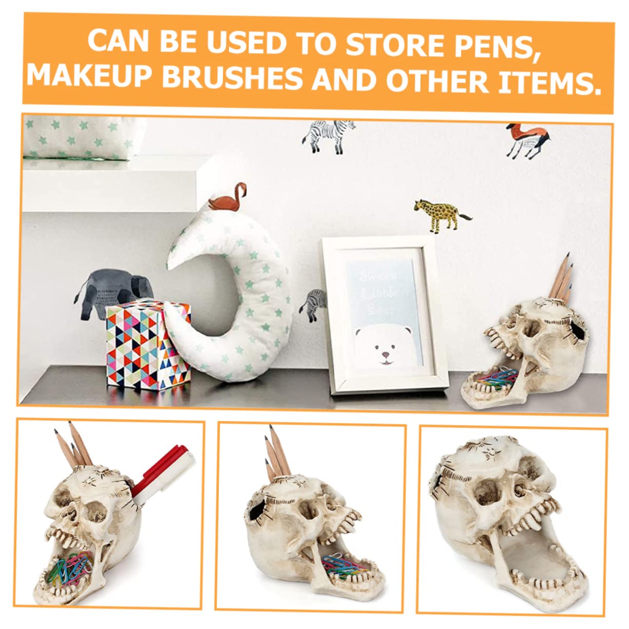 Angoily 4 Pièces Porte Crayons Crâne Résine Décoratif Organisateur Multifonctionnel pour Bureau Rangement Pinceaux Maquillage et pour Bureau et Maison
