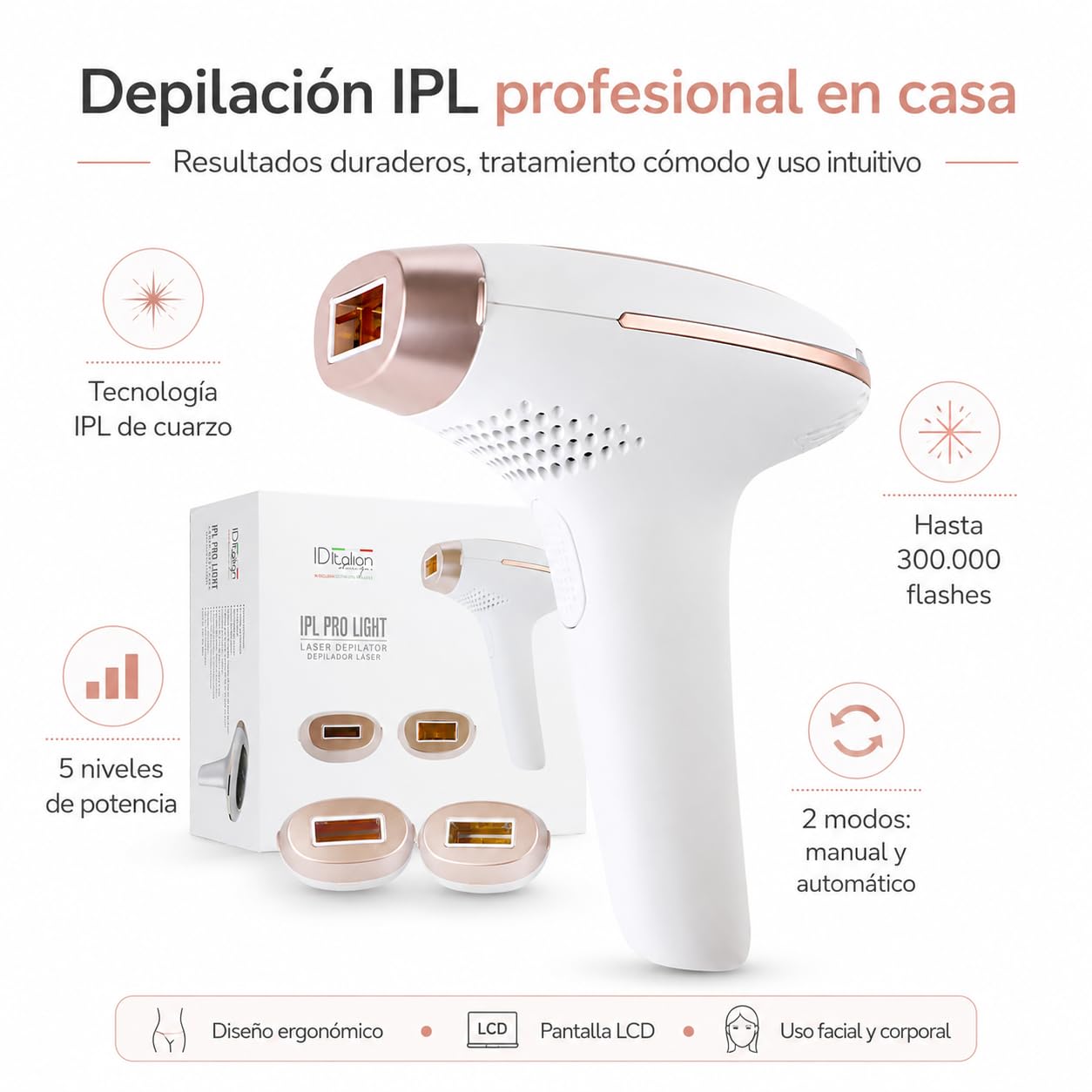 Postquam - Depilador Láser Infinium Pro - Eliminación Permanente Vello - Tecnología IPL - 300.000 Pulsaciones - 5 Niveles Intensidad - Seguro, Indoloro, Ergonómico - Cuerpo y Rostro - Área 3 cm²