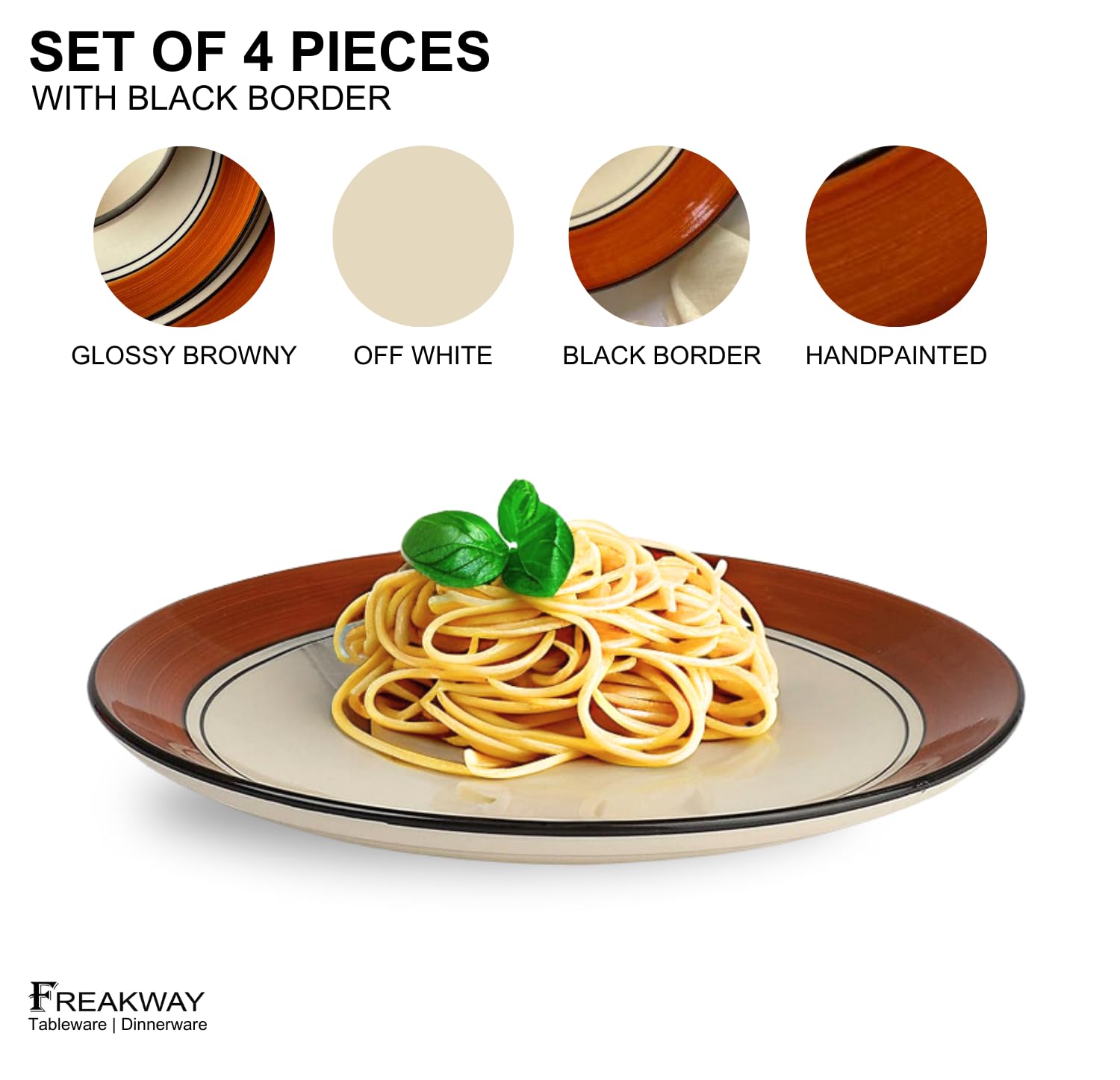 Freakway Glossy Finish Brown and White Handcrafted Ceramic Dinner Plates 10 Inch Set of 4 Pieces | Microwave & Dishwasher Safe - Multicolor 2