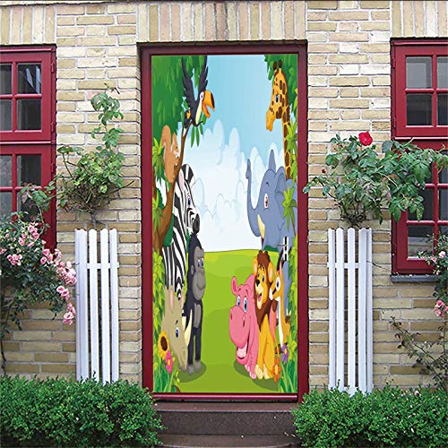 ZIJINJIAJU 3D selbstklebende Türaufkleber Cartoon, Pflanze, Tier 77X200CM Selbstklebende Türabziehbilder DIY wasserdichte abnehmbare Tür Poster Kinderzimmer Schlafzimmer Haus Kunstdekoration Cover