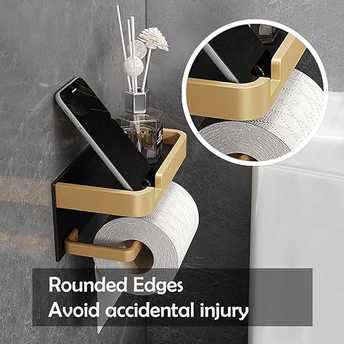 Rozzwild Toilet Paper Holder With Shelf Adhesive Wall Mounted No Drill Aluminium Alloy Stainless & Rustproof Toilet Paper Roll Dispenser Bathroom Organizer Storage Rack Matte Black Gold #TOP5