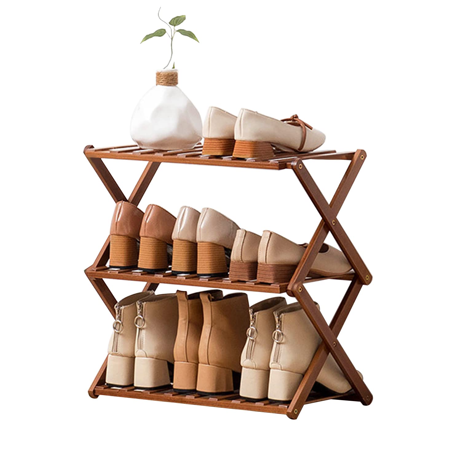 aleawol Zapatero plegable de bambú con 3 niveles, zapatero pequeño portátil de bambú, sin instalación, organizador de zapatos para salón, pasillo y vestidor (50 x 25 x 39 cm)