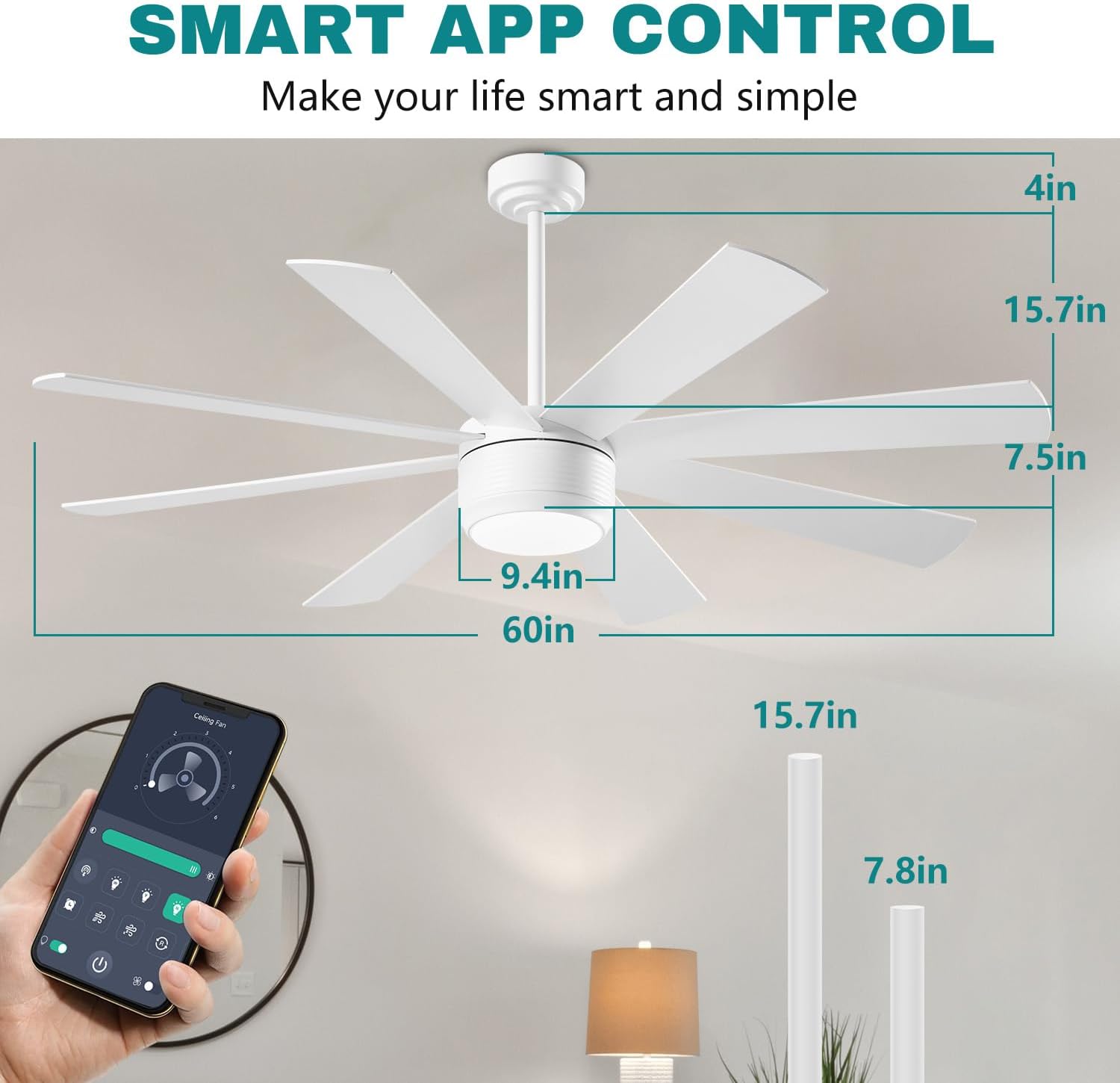 App Commercial Industrial Ceiling Fan with Lights and Remote Control, 8 Blade Reversible Stepless Brightness and Color Temperature (White, 60 Inch) White-8 Blade 60 Inch