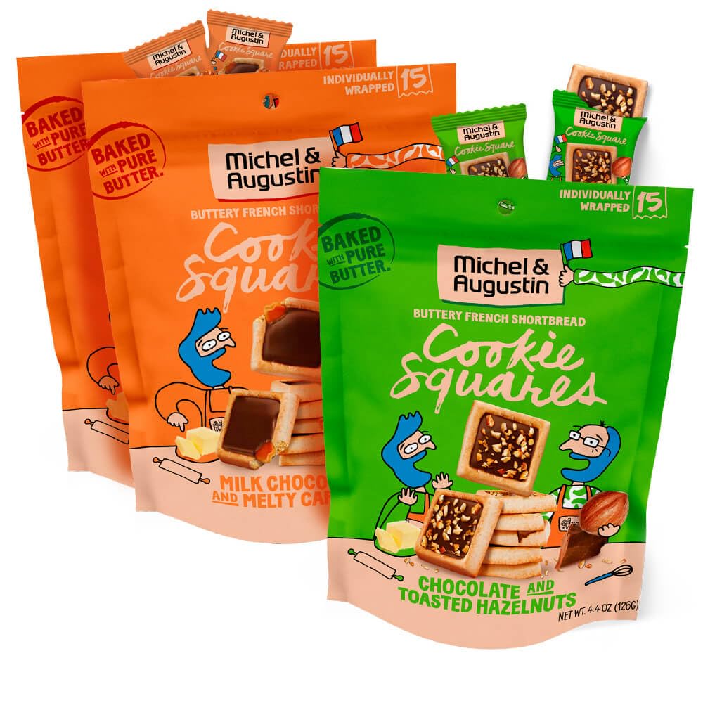 Michel et Augustin Cookie Bag Variety Pack 2 Flavor – Milk Chocolate & Caramel + Milk Chocolate & Hazelnut, 15 Cookies per Bag
