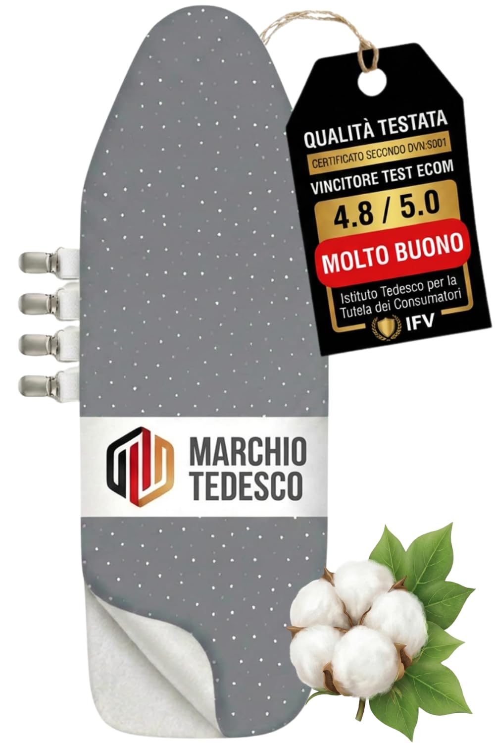 Copriasse da stiro 120x40 cm - Copriasse da stiro in cotone - Adatto alla stiratura a vapore - Imbottitura extra spessa + elastico e tenditori, 115-122 cm - 35-45 cm