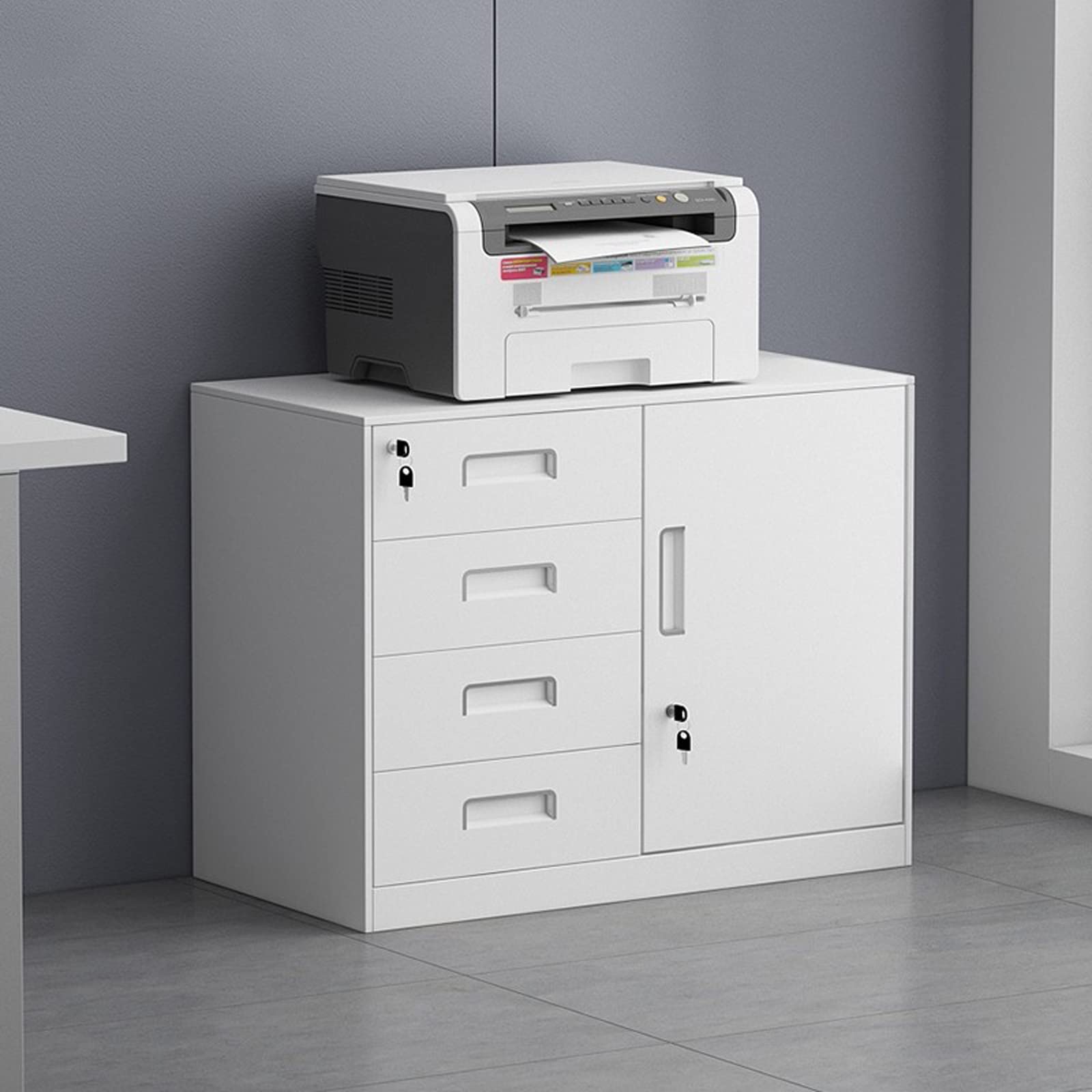 Schedario Schedario a 4 cassetti con serratura, schedario verticale completamente assemblato, schedario for stampante in acciaio adatto for ufficio domestico Gabinetto dell'ufficio(Color:White thicken