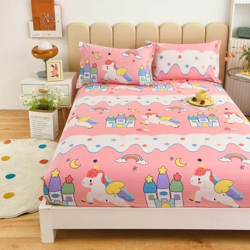 Image of RD FABS Glace Cotton Wrinkle Free Soft Hypoallergenic Bed Sheet with 2 Pillow Cover,Cartoon Printed,Double Bed King Size Bedsheet for Kids Room Boys Girls(90x95 Inches /Pink /Unicorn),144 TC