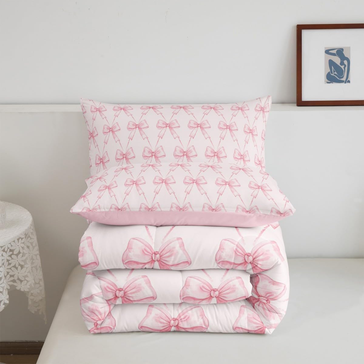 Feelyou Bow Comforter Set Queen Size Pink Girls Bow Bedding Set Boys Girls Cute Bowknot Comforter for Kids Women Men Kawaii Duvet Set Bow and Stripes Quilt Set 3Pcs