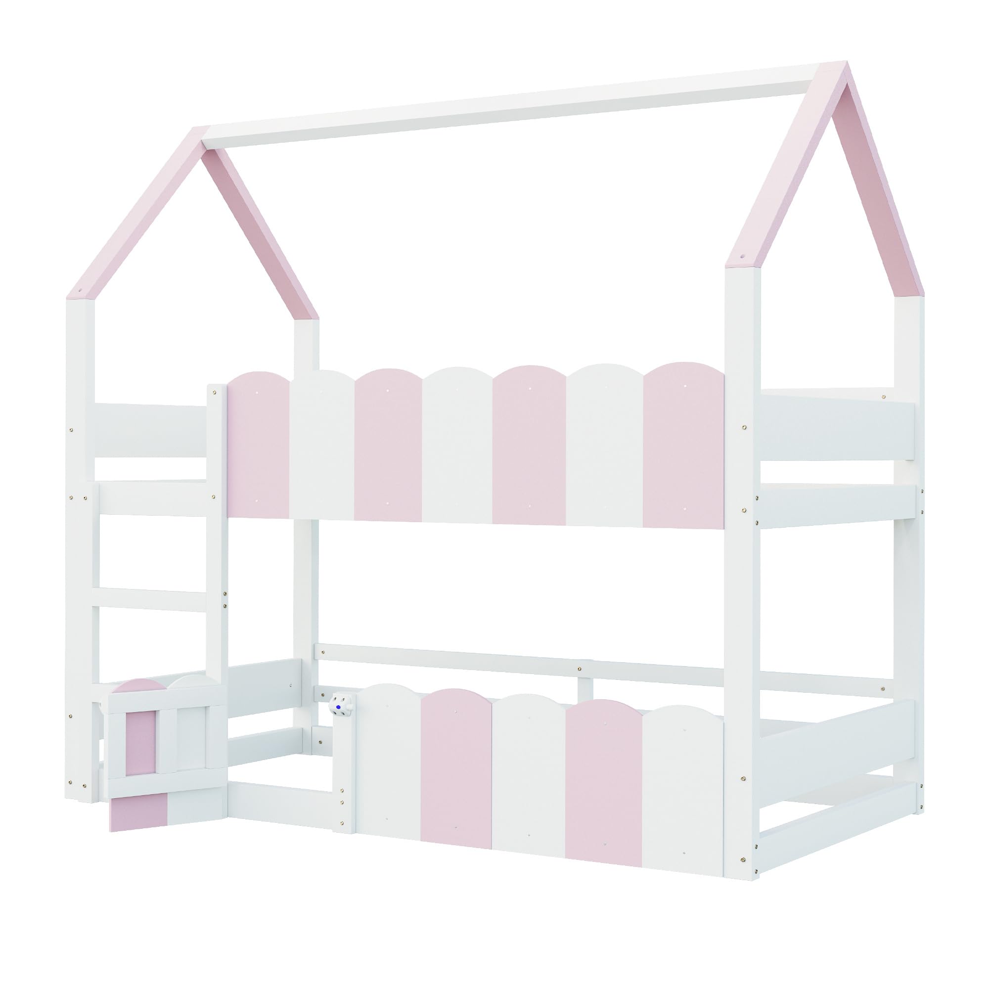 Kinder-Etagenbett 90 * 200 cm, Hausförmiges Design mit erhöhten Sicherheitsgeländern. Das Obere Bett verfügt über Einen Lattenrost. Geeignet für Jungen und Mädchen Rosa