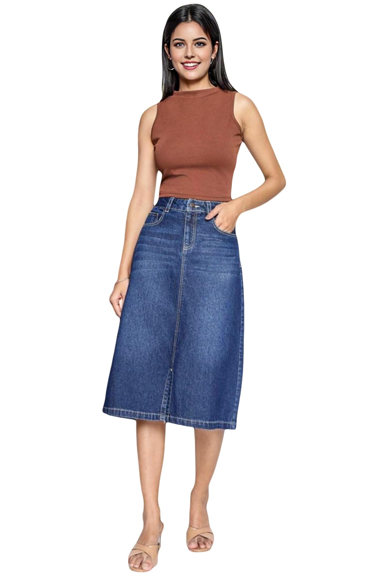 elleven Women's Blue Pure Cotton Straight Denim Midi Skirt-picture-14