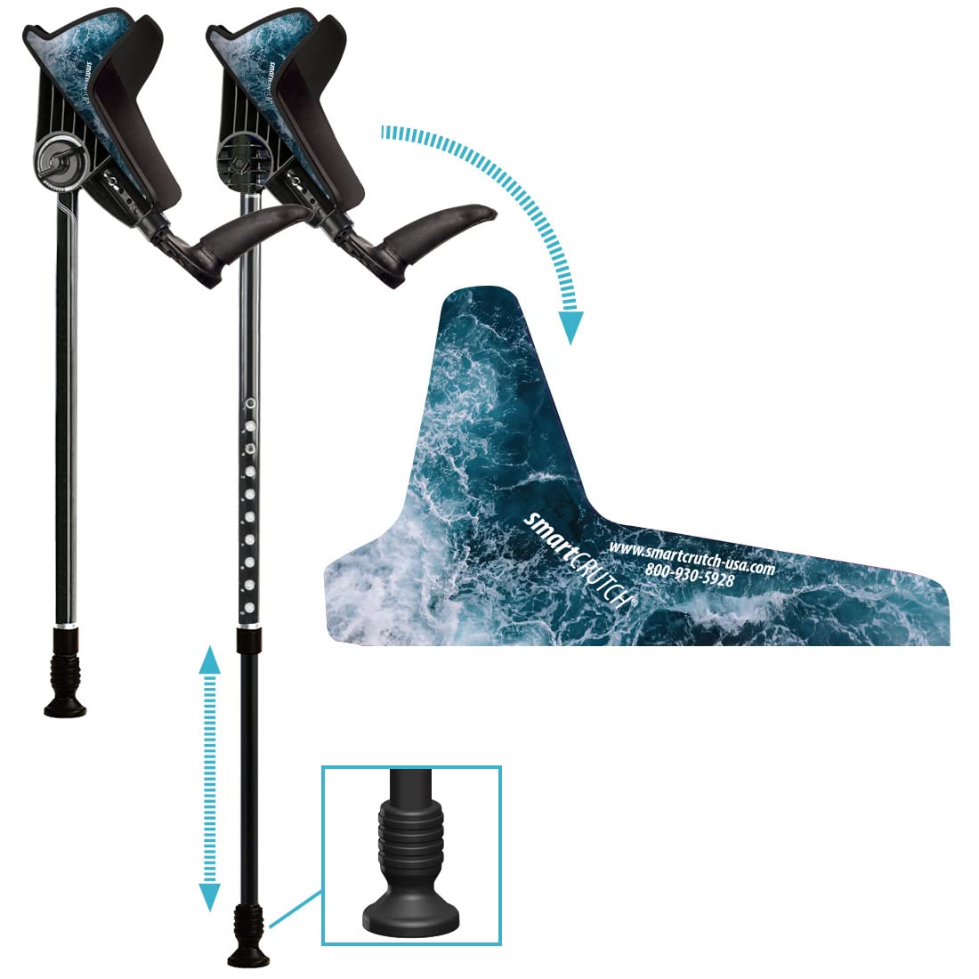Ergonomic Custom Forearm Crutches for Adults, Multiple Colors, Adjustable Forearm Rotates 15-90 Degrees - Heights 4'4" to 6'4" - 265 lbs Non Weight Bearing