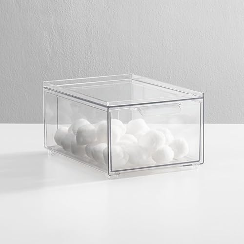 mDesign Contenedor organizador de baño de plástico con cajón extraíble, contenedor de almacenamiento delgado y apilable para accesorios de baño,