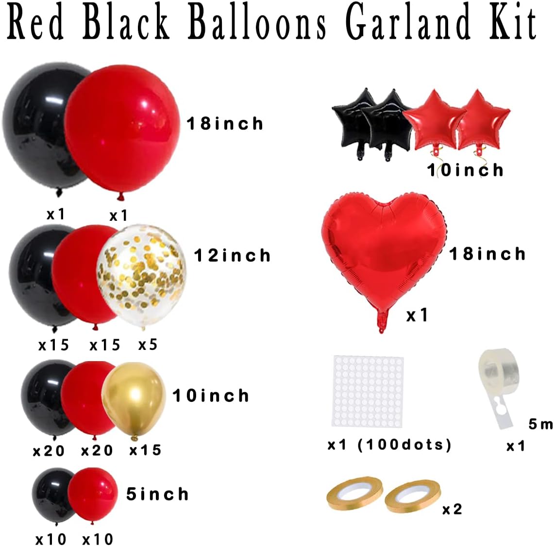 Red and Black Gold Balloon Garland Kit - 121PCS Red Black Metallic Gold Balloon Arch Confetti Balloon Heart Foil Balloon for Girls Bridal Shower 18th Birthday Graduation New Year Christmas Valentine Wedding Casino Party : Home & Kitchen