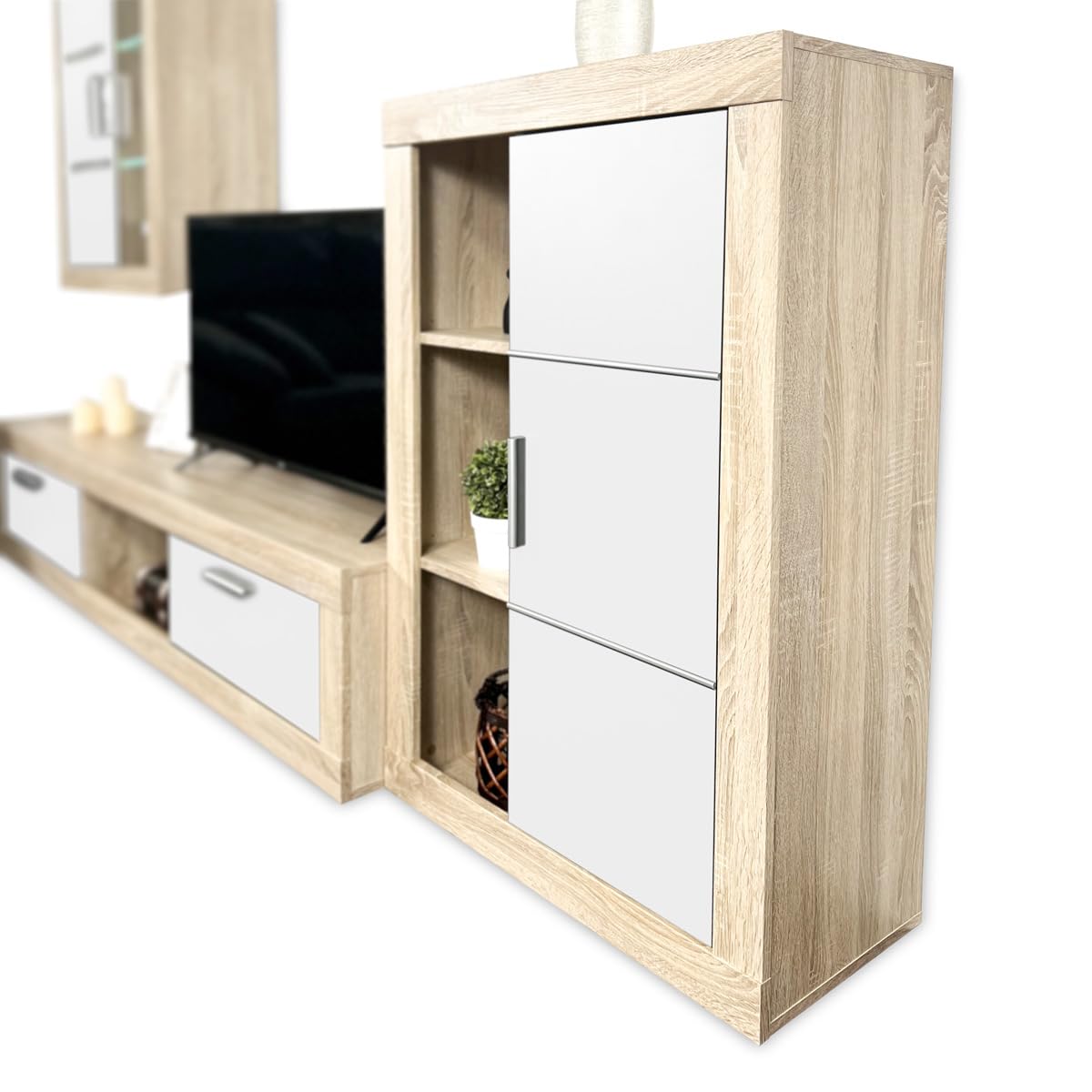 amuéblate Online - Mueble de Salón Moderno con Leds, Módulos de Comedor, Modelo Apolo, Acabado en Blanco y Cambria, Medidas: 259 cm (Ancho) x 132,5 cm (Alto) 40 cm (Fondo)