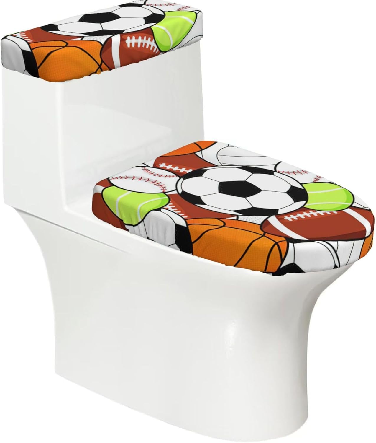 2 Pcs Sports Ball Print Toilet Lid Cover And Toilet Tank Lid Cover Set, Soft Stretchable Bathroom Covers, Fits Round And Elongated Toilet Seats, Washable And Decorative