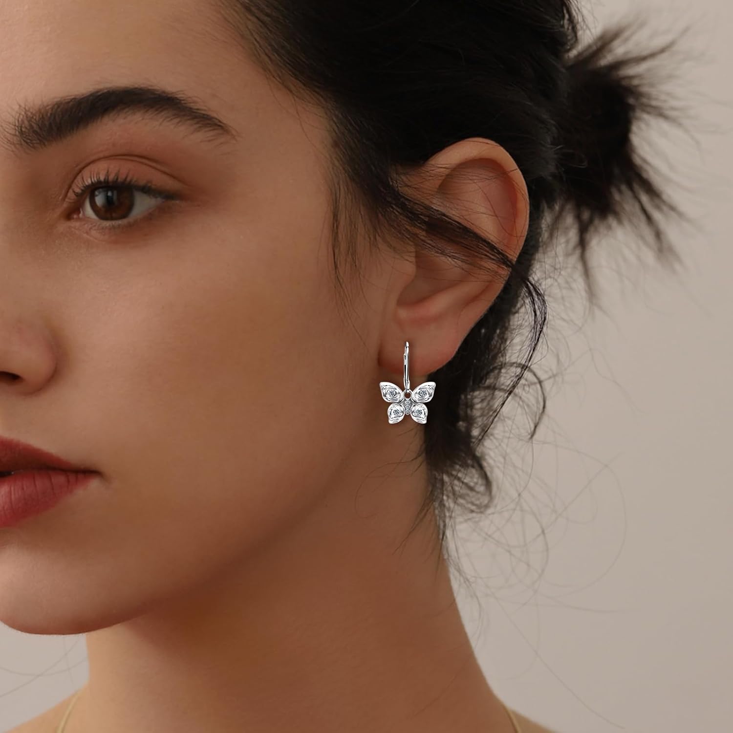 Butterfly Earrings 925 Sterling Silver Rose Butterfly Leverback Earrings for Women CZ Drop Dangle Hoop Dainty Birthstone Jewelry Gifts for Birthday - Image 4