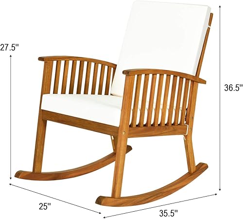 Miniatura 4 de Tangkula Juego de 2 mecedoras de madera de acacia al aire libre con mesa redonda, mecedora con cojín grueso de funda desmontable, juego de mecedoras
