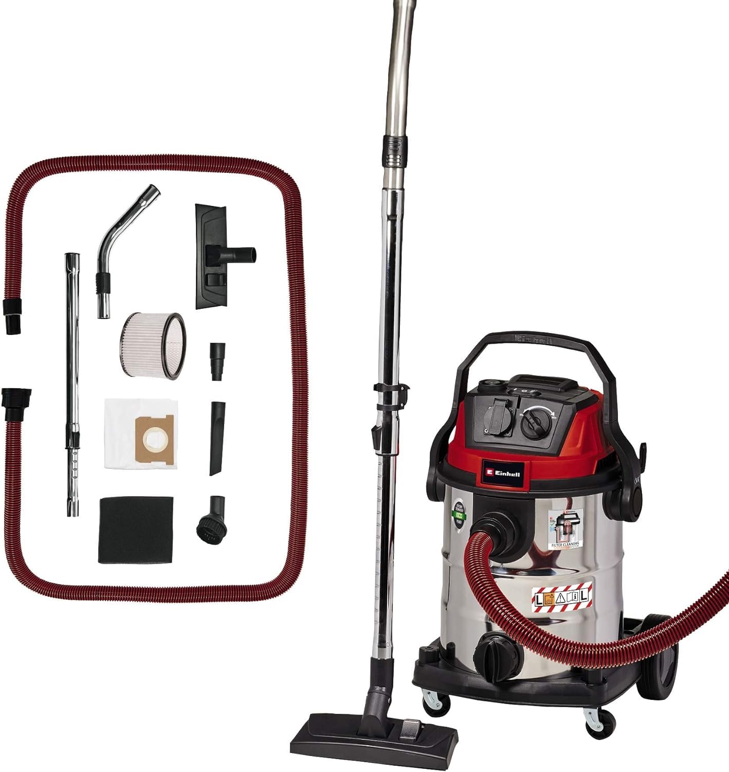 Einhell Aspirador en seco y húmedo TE-VC 2025 SACL (1200 W, Clase de Polvo L, para Polvos con valores MAK >1 MG/m³, 25 L, Limpieza de filtros, Enchufe de aparatos, Incl. Varias boquillas y filtros)