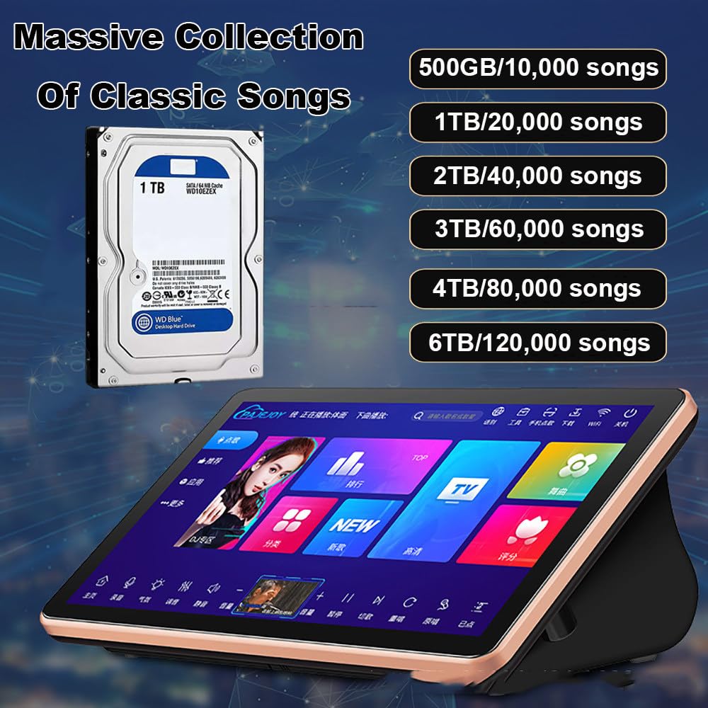 Macchina per Karaoke 5 in 1,con Schermo da 19,5"i,500G/1T/2T/3T/4T/6T,Richiesta di Brani Tramite App/Mobile/Voce,Tantissimi Brani/Film,Doppio Sistema,con Microfono,Altoparlante 6T