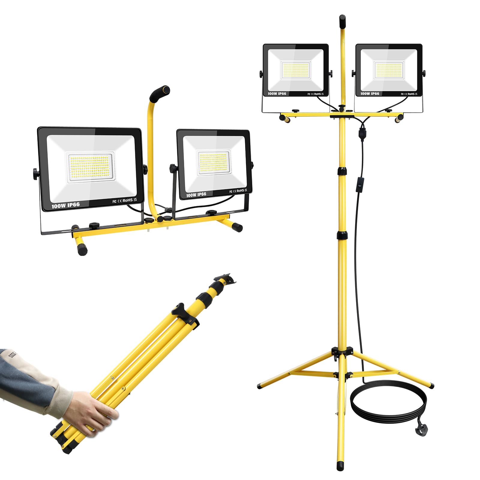 RIGIDON Luz de trabajo LED con soporte de trípode de 200 W, reflector doble de 100 W, luz de trabajo portátil flexible, 20000 lm, 110 V 240 V, sótano, IP65 6000 K