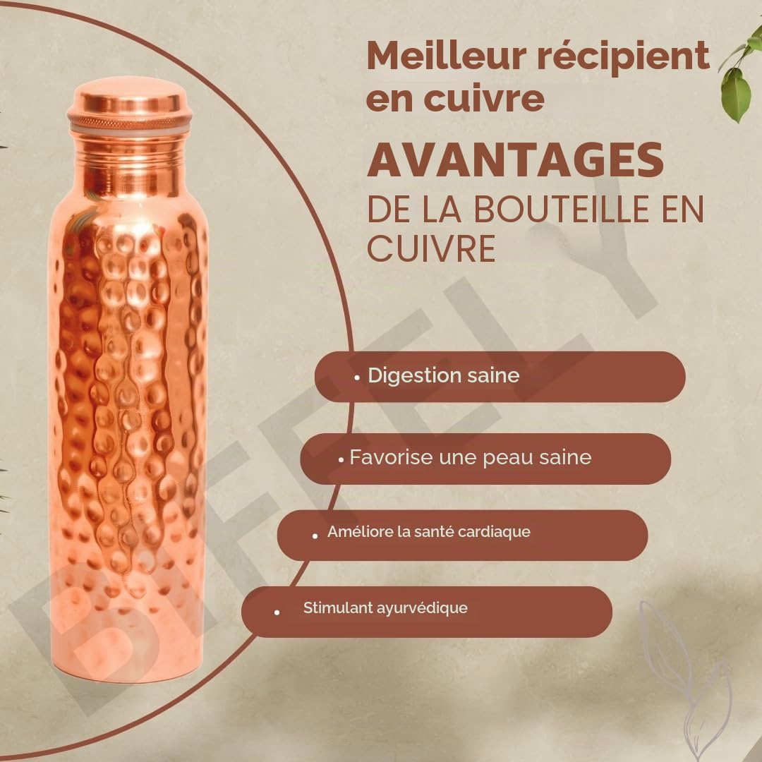 Bouteille d'eau en cuivre martelé massif 100% fabriquée à la main – Bouteille ayurvédique en cuivre ayurvédique pour homme et femme | Design à large ouverture | Couvercle robuste et anti-fuite de