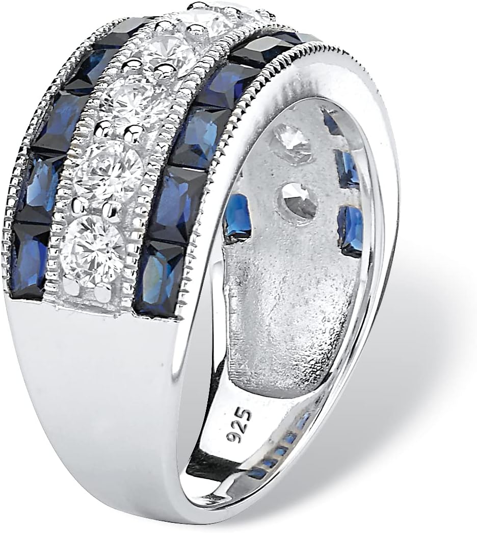 PalmBeach Platinum-plated Sterling Silver Round Cubic Zirconia and Emerald Cut Synthetic Blue Sapphire Ring Sizes 6-10