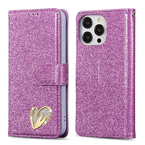 Custodia per iPhone 14 Pro Max custodia a portafoglio glitterata cinturino da polso con grazioso cuore intarsiato e diamante cover per 14 Pro Max 6.7 pelle sintetica tpu