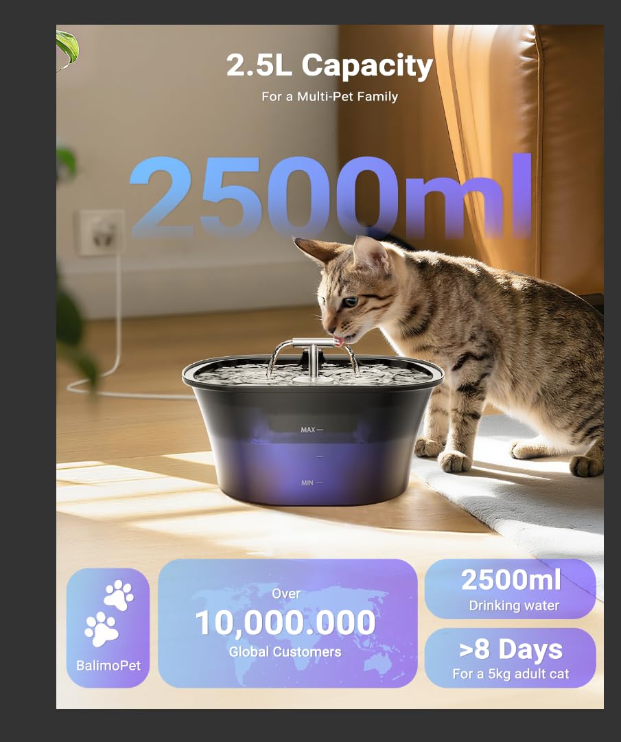 BalimoPet Fontanella per Gatti, Fontana per Gatti 2,5L, Fontanella per Cani Ultra Silenziosa con LED Integrato e Filtro a Carbone Attivo, Facile da Pulire, Design a Doppio Flusso