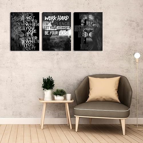 Miniatura 2 de Arte de pared negro de 3 piezas con citas motivacionales, arte de pared de león, arte inspirador de éxito de empresario, impresiones enmarcadas para