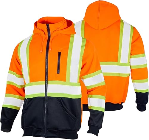 Miniatura 8 de FONIRRA Hi Vis - Sudadera con capucha de vellón de seguridad con cremallera para hombre, chaquetas reflectantes ANSI Clase 3, chaquetas capucha