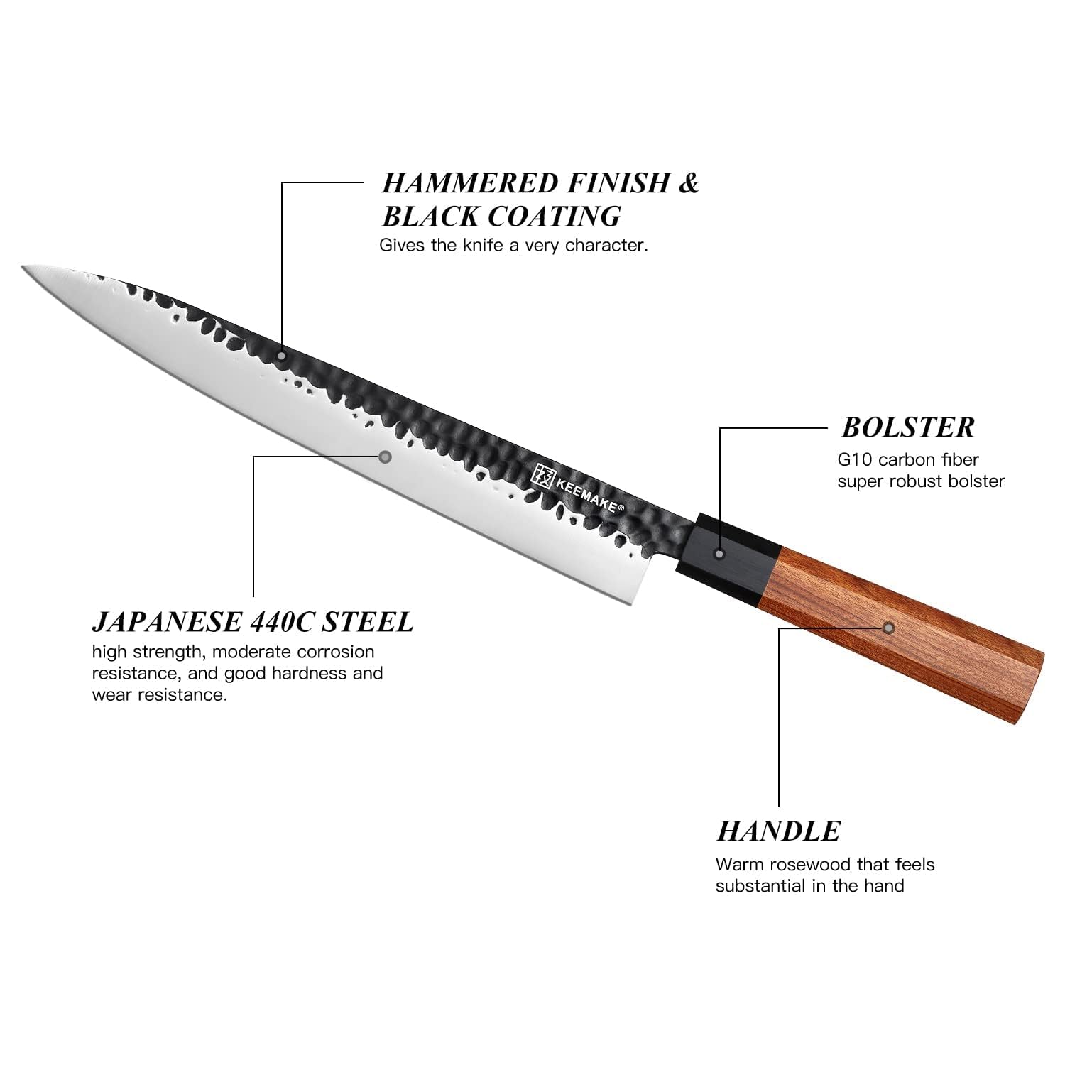 KEEMAKE Couteau Japonais Cuisine Sashimi | Couteau de Cuisine Professionnel 25 cm en Acier Inoxydable, Couteau Filet Yanagiba pour Poisson, Manche Palissandre Octogonal