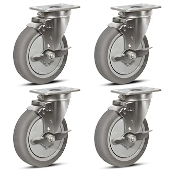 5" Stainless Steel Casters,Heavy Duty Industrial Casters - Thermoplastic Rubber Caster Wheels for Laboratories, Food Service - Load Capacity 1400 lbs. per Set 4 Brake