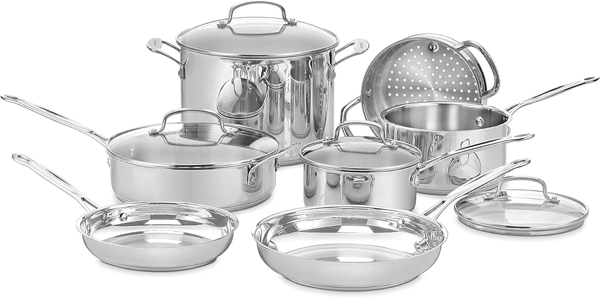 Cuisinart Chef’s Classic 11-Piece Stainless Steel Cookware Set, Pots and Pans Cooking Set with Aluminum Encapsulated Base to Heat Quickly and Evenly, Cool Grip Handles, Dishwasher Safe, 77-11G
