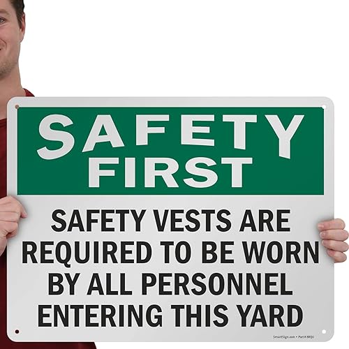 Miniatura 2 de SmartSign Letrero de metal OSHA de 18 x 24 pulgadas con texto en inglés "Safety First - Safety Vests are Required by All Personnel Entering This