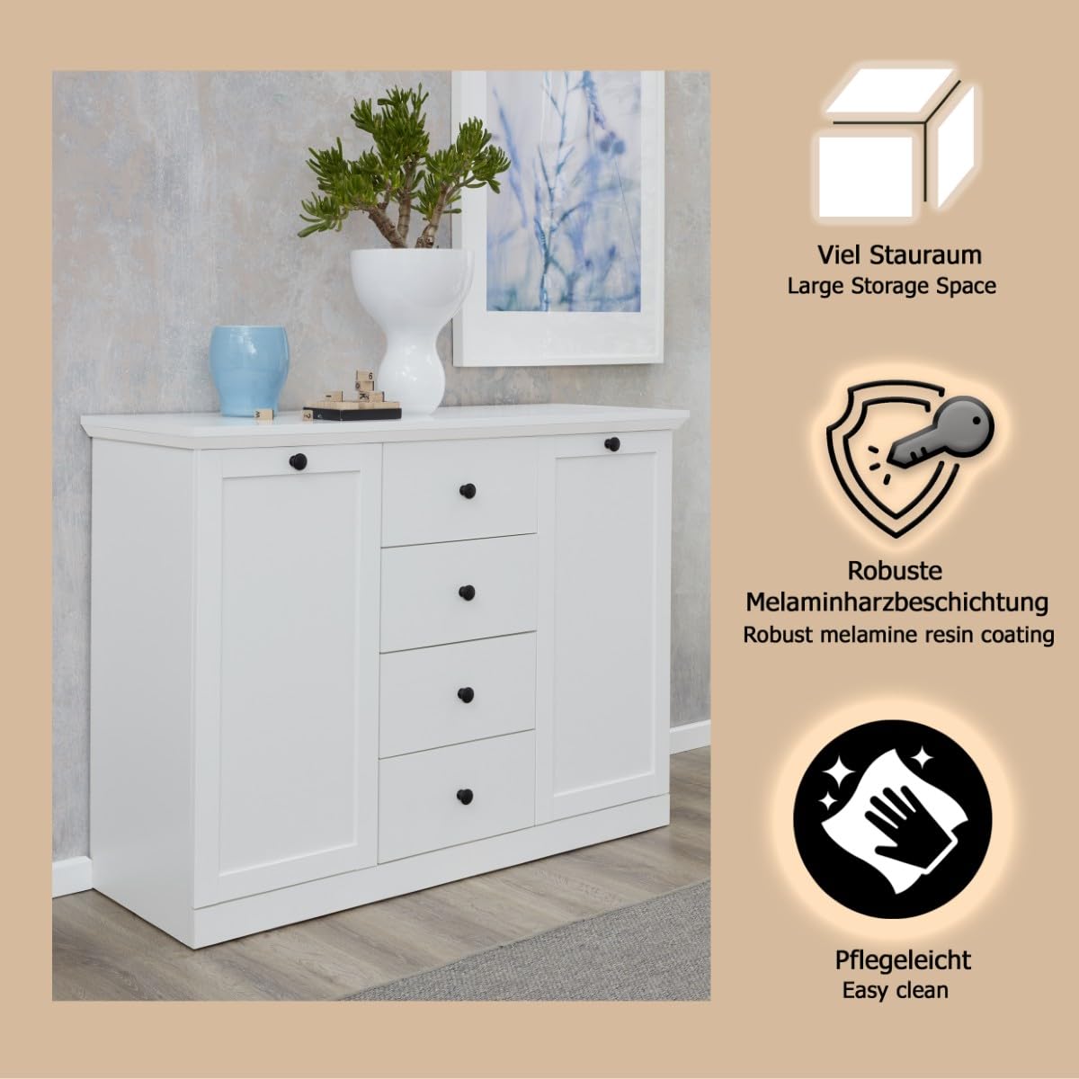 trendteam smart living - Baxter - Sideboard - Weiß Matt - Kommode - Schrank - (BxHxT) 119 x 88 x 41 cm - Landhausstil - Schwarze Metallgriffe - Vollauszug Schubladen - Sockel