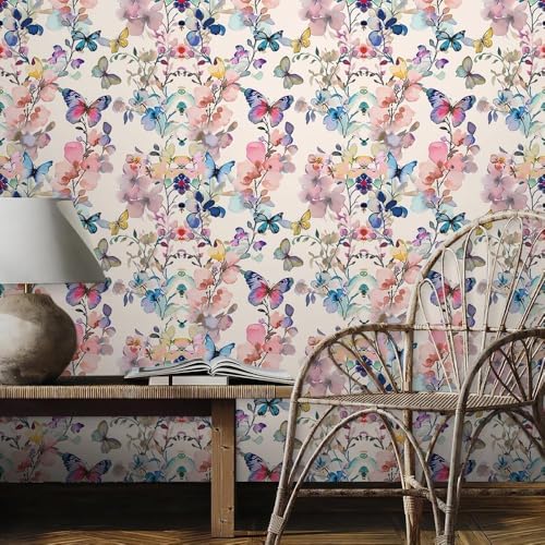 Image of Butterfly Floral Theme Wallpaper | Removable Peel and Stick Wall Decor for Bedroom, Living Room and Kids' Room | Vibrant Flowers and Butterflies Design, Easy DIY Home Decor (45 x 300 cm)
