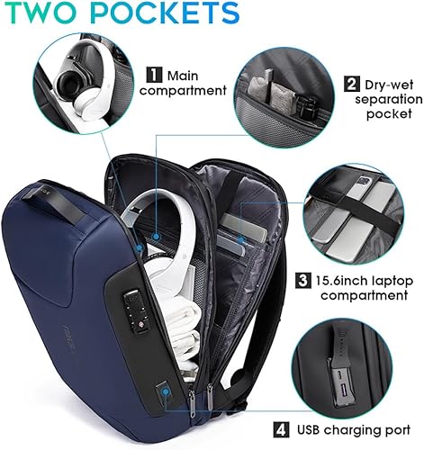 Miniatura 3 de BANGE Mochila antirrobo con puerto de carga USB, mochila de negocios ligera para hombres y mujeres, Azul (dos bolsillos para el trabajo),