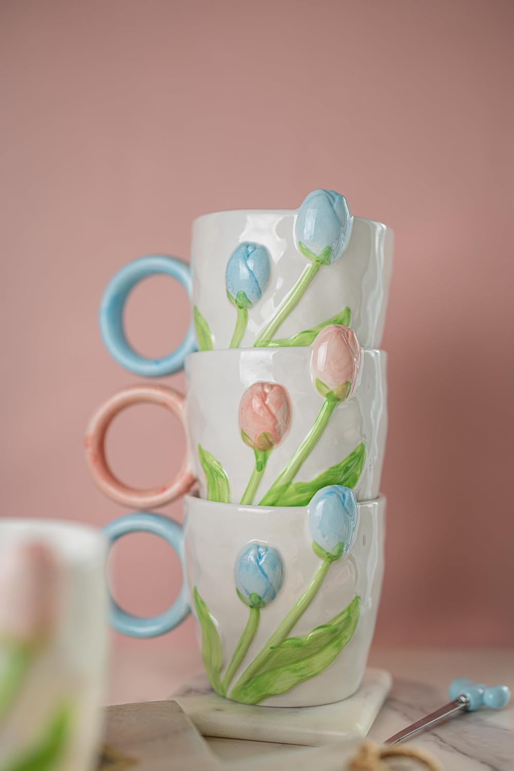 3D Tulip Ceramic Mug with Spoon Gift Set – Hand-Carved Floral Coffee Cup – Embossed Flower Tea Mug – Cute Aesthetic Coffee Mug for Women – Unique Birthday, Valentine’s, Mother’s Day Gift (Blue) - Image 5