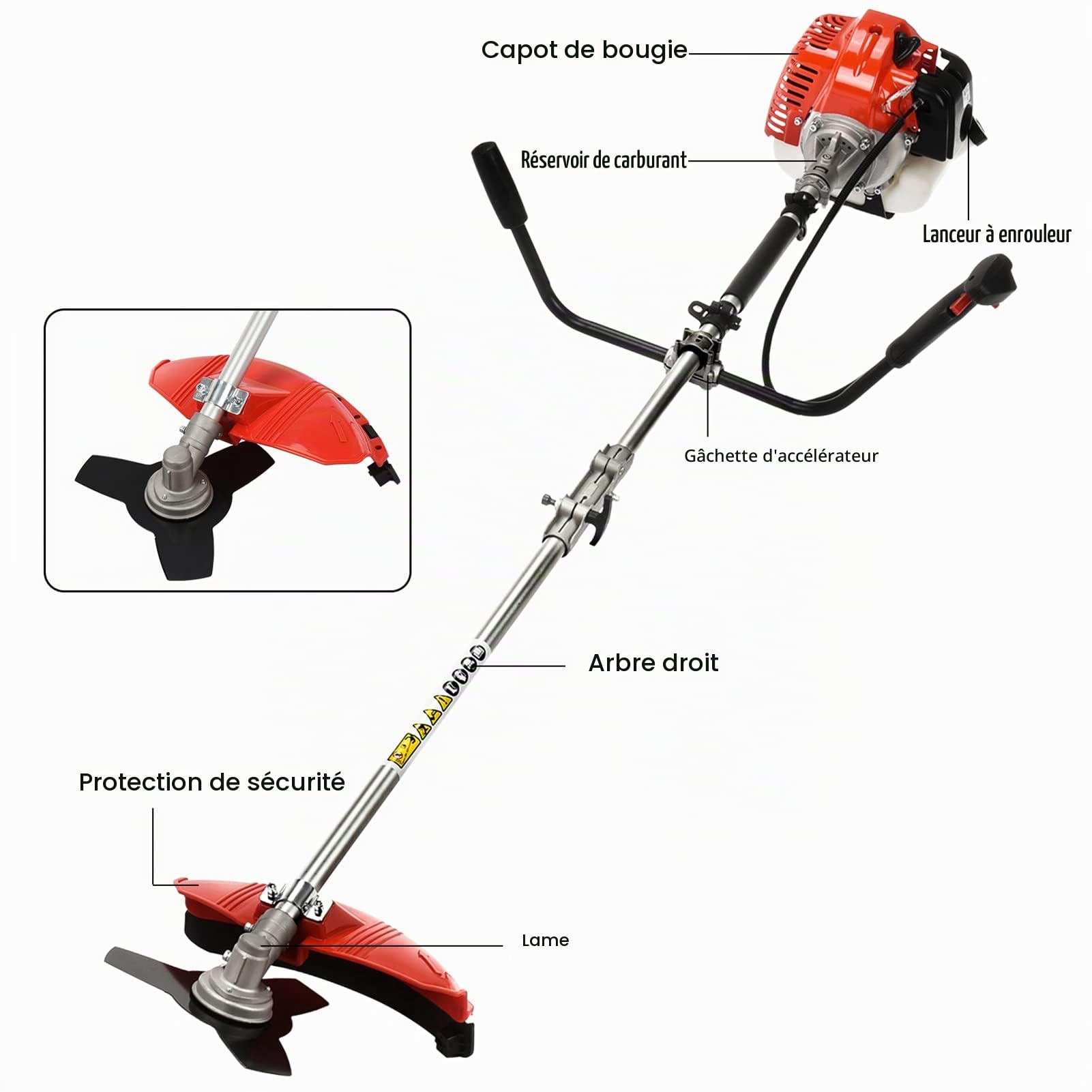 Débroussailleuse Thermique, 52cc 2 Temps Tete Debroussailleuse Universelle, 2 en 1 Coupe-Bordure avec Tête de Coupe Double Fil et Lame 3 Dents Modèle Conçu pour Les Pros