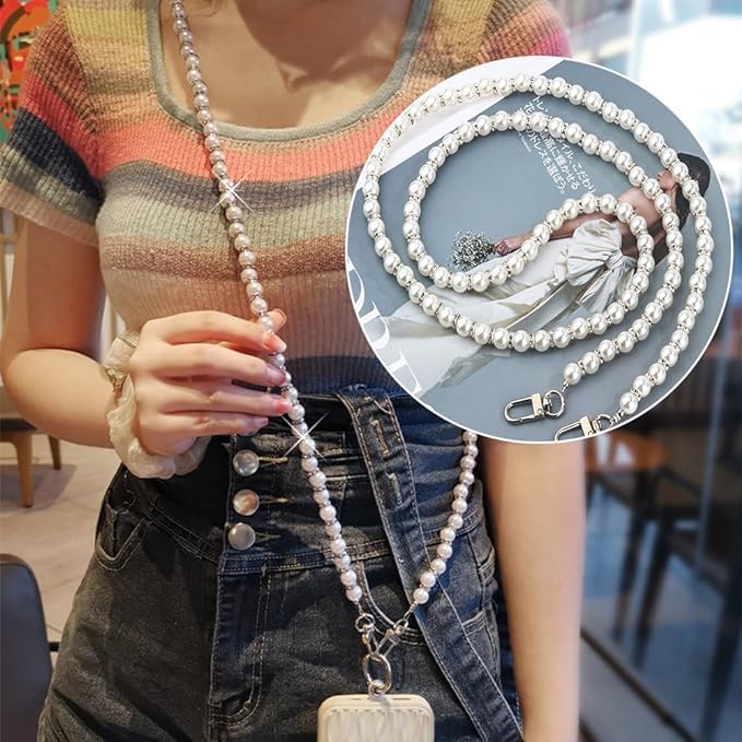Image of KHOLAD White Bow Phone Chain Crossbody Pearl Strap | 2in1 Wrist & Shouler Crossbody Lanyard | Pearl Beads Charms Chain with Phone Tether Patches | Compatible with Most Phones, Bag, Purse